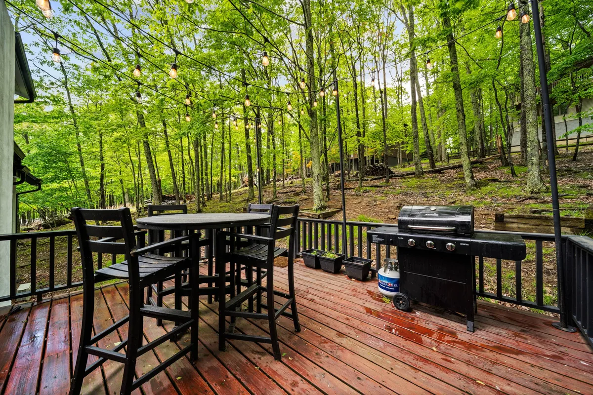 An outdoor dining table and grill are set beneath string lights on a deck ringed by trees. The warm, casual atmosphere suggests evenings spent barbecuing and socializing as the sun sets.